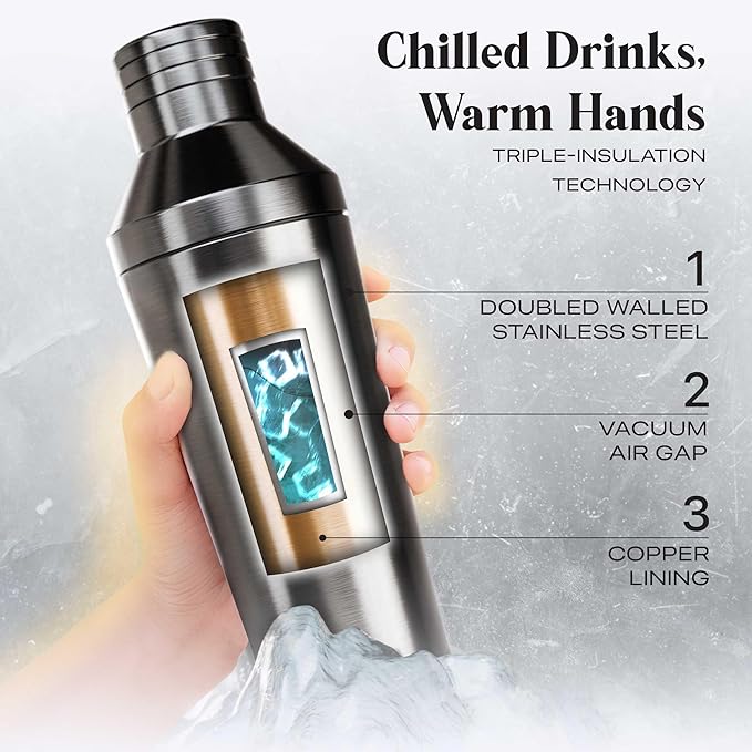 Insulated Cocktail Shaker Set | Double Wall Stainless Steel | Martini Shaker for Home Bar Bartending | Built-in Drink Measurement System & Strainer, Travel Bag, 35 Recipes | Gift Set (Slate Gray)