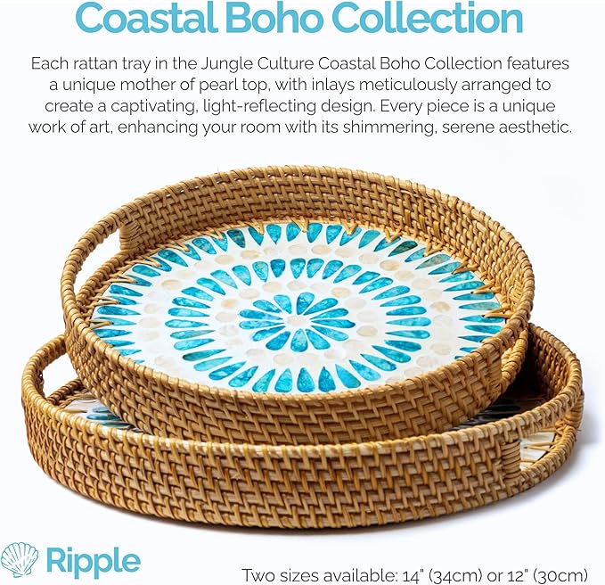 JUNGLE CULTURE Rattan Serving Tray 12" with Mother of Pearl Inlay • Coastal Boho Collection • Handcrafted Woven with Handles for Home • Round Dining Table Tray • Wicker Serving Basket – Ripple