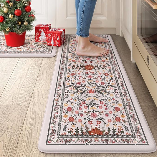 Collive Christmas Kitchen Mats for Floor, Cushioned Anti Fatigue Mat Non Slip Waterproof Kitchen Sink Rugs Sets of 2, Xmas Pink Floral Comfort Standing Desk Rug for Home, Laundry, 17"x29"+17"x47"