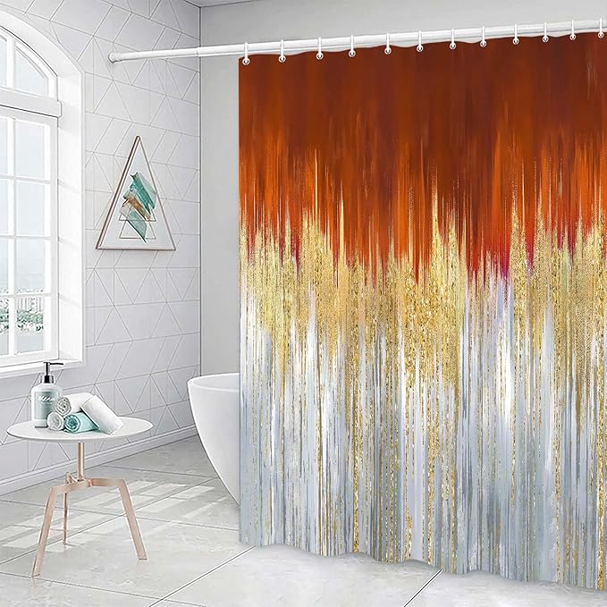 JAWO Abstract Orange Shower Curtain, Gold Blue Boho Ombre Minimalist Chic Art Shower Curtains, Modern Neutral Contemporary Striped Brush Strokes Tan Art Waterproof Bathroom Curtain with 12 Hooks