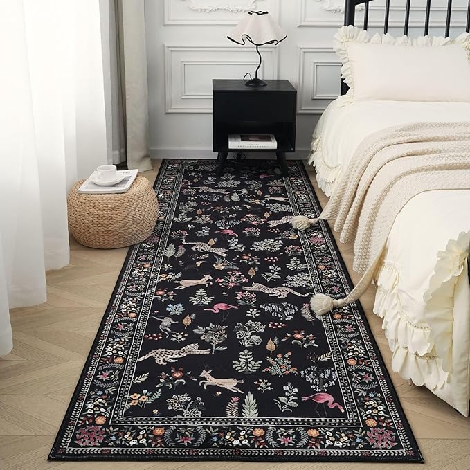 Rugcomf Runner Rug for Kitchen Rug Non Slip 2'x6' Washable Rugs with Rubber Backing Soft Floral Animal Carpet Runner for Kitchen, Laundry, Bedroom, Bathroom (Black)