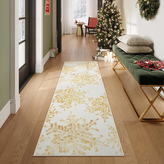 Lahome Snowflake Christmas Runner Rug, 2x6 Non Slip Christmas Rug Runners for Hallways Non Skid Washable Runner Rug Holiday Decor Carpet Runner for Kitchen Bedroom Laundry(2x6ft,Gold)