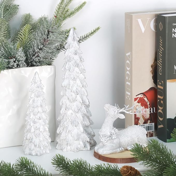 3 Pack Christmas Trees and Reindeer Figurines Decoration- 2 Glittered Christmas Tree Statues and 1 Deer Vintage Christmas Decor Set, Resin Ornaments Tabletop Shelf Office Display Stand Indoor(Silver)