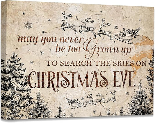 WODMIS Christmas Wall Decor,Farmhouse Christmas Decor,Christmas Signs Framed Canvas Wall Art,Christmas Eve Canvas Wall Art Home Decorations,May You Never Be Too Grown Up To Search Wall Decor 11x14