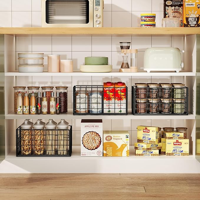 X-cosrack Metal Wire Basket Pantry Baskets Foldable Cabinet Organizers with Handles-6 Pack-12"x9"X6", Food Storage Freezer Organizer Bins for Kitchen Bathroom Laundry Closet Garage - Patent Design