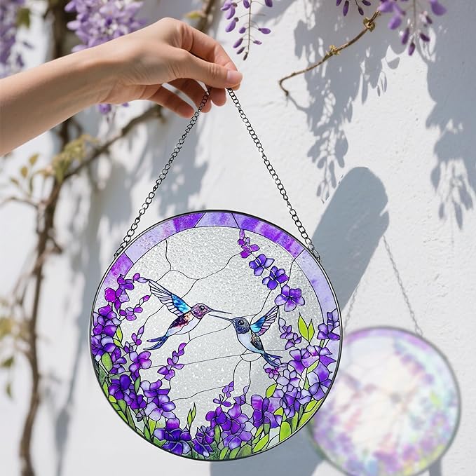 8 Inch Hummingbirds Among Lavender Flowers Stained Glass Suncatcher, Wall Art, Window Hanging, Indoor Decor, Gifts for Women, Sun Catcher