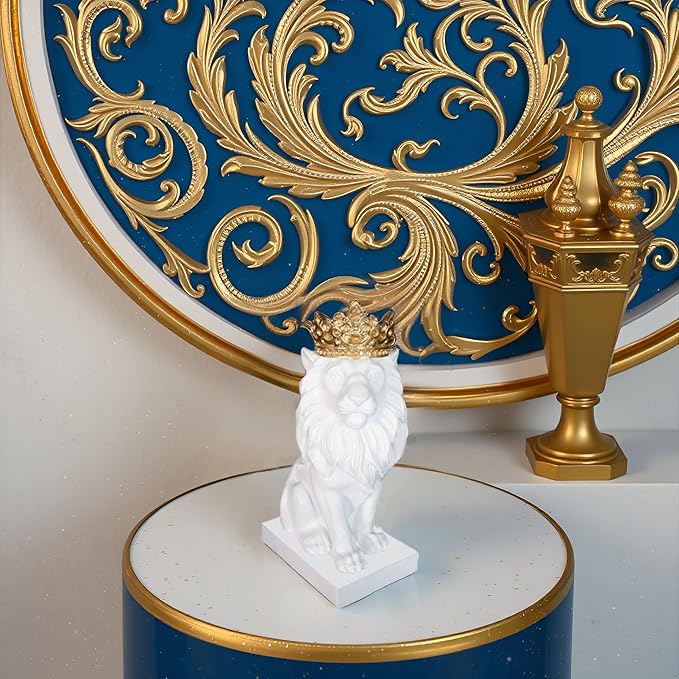 12" Crown Lion King Statue Decor, The King of Beasts - Statue Decoration for Home/Study/Living Room, Great Collectible Figurines, Best Gift for The Man,Iarge Size White Golden Color