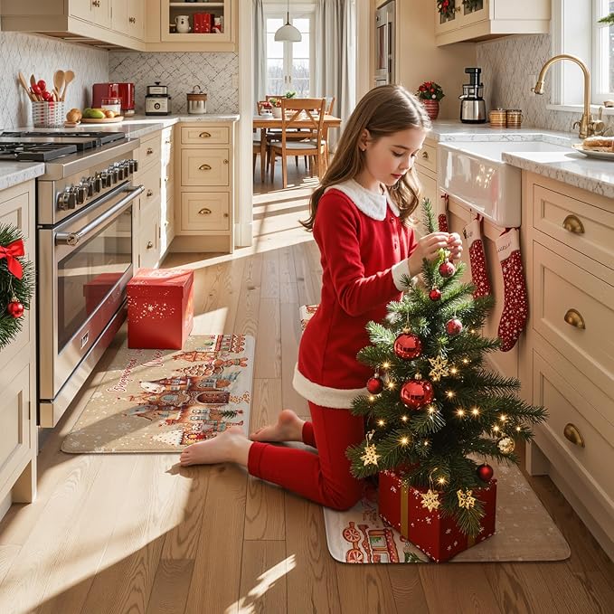Merry Christmas Kitchen Mats for Floor, Xmas Gingerbread House Cushioned Anti Fatigue Kitchen Rugs 2 Piece, Non Slip Comfort Standing Rug Waterproof Sink Mat for Desk Laundry Office, Light Khaki