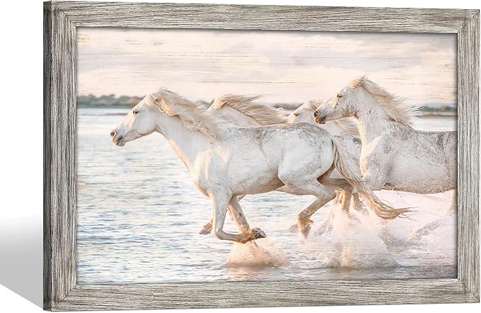 Horse Wall Art Picture Decor: Wild Animal Framed Wood Print White Horses Artwork Modern Galloping Wildlife Painting for Bedroom Living Room Bathroom 36 x 24 Inches