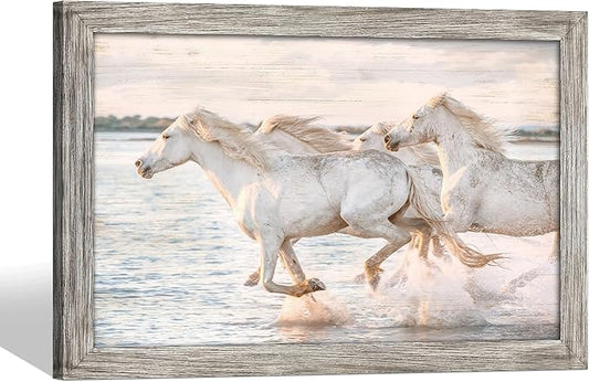 Horse Wall Art Picture Decor: Wild Animal Framed Wood Print White Horses Artwork Modern Galloping Wildlife Painting for Bedroom Living Room Bathroom 36 x 24 Inches