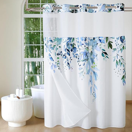 QiyI No Hook Shower Curtain with Snap in Fabric Liner, Blue Eucalyptus Shower Curtain with See Through Top Window, Waterproof Washable Cloth Ringless Shower Curtain Set for Bathroom, 72 x 87