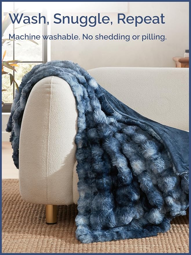 Fluffy Blanket Throw Size - Faux Fur Throw for Couch or Bed - Plush Soft Extra Thick Faux Fur Rabbit Blanket - Comfy, Fuzzy, Warm & Breathable - Luxury Minky Tie Dye Bedding - 50" x 60", Marble Blue