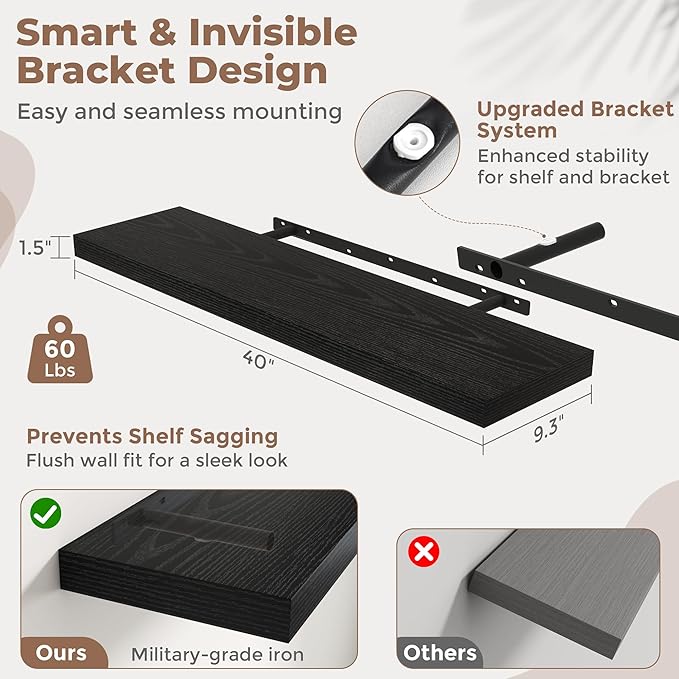 Floating Shelves for Wall with Invisible Brackets, Wall Mounted Engineered Wood Shelves with Wood Grain for Living Room, Bedroom, Bathroom, Kitchen Decor and Storage, Oak, 40"L Set of 2, Black