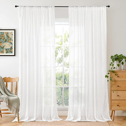 BGment White Linen Curtains 96 Inches Long for Living Room - Semi Sheer Light Filtering Drapes with Rod Pocket for Bedroom Floor Length Lightweight Rustic Window Treatments, 2 Panels Set, 52 X 96 Inch