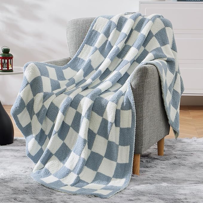WRENSONGE Checkered Throw Blanket, Grey Blue Soft Cozy Fluffy Warm Hand Made Throw Blankets for Couch, Sofa, Chair, Bed, Camping, Picnic, Travel Lightweight Bed Blanket - 50"*70"