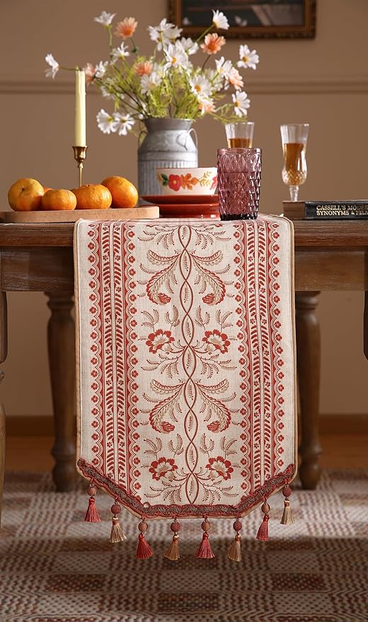 ISAENNE Designer Vintage Linen Table Runner 71 Inches Long,Red Floral Pattern Modern Decor Table Runners for Dining Tables,Thanksgiving,Kitchen Tables,Christmas,Banquet,12"*71"-Chamonix A