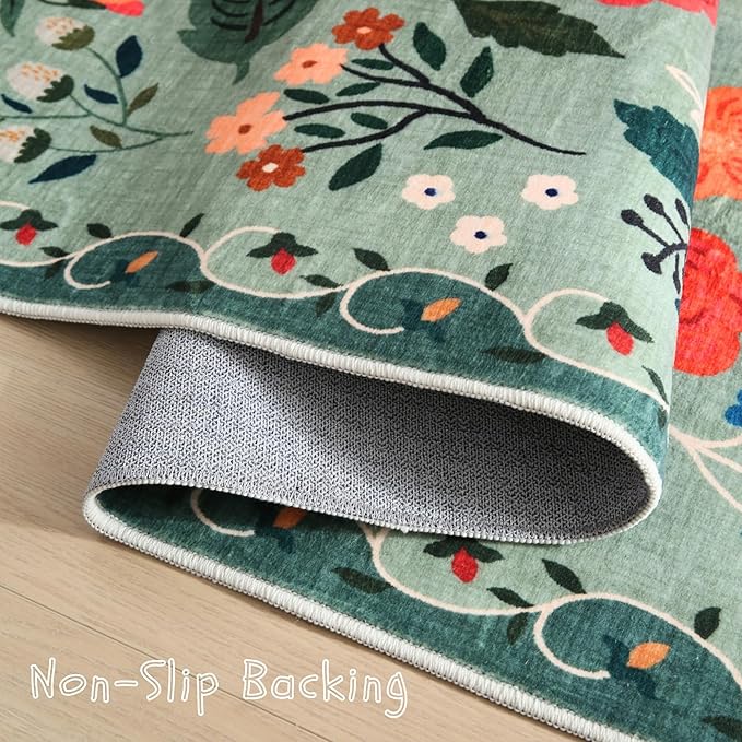 Rugcomf Living Room Rug 6x9 Rug Machine Washable Boho Area Rug Non Slip Floral Vintage Low Pile Large Rug for Living Room, Bedroom, Farmhouse, Dining Room, Kids Playroom(Green)