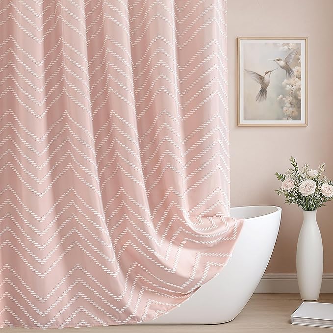 Blush Pink Boho Shower Curtain Cute Shower Curtain Modern Farmhouse Textured Chevron Striped Minimalist Bathroom Shower Curtains