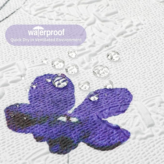 QIYI 3D Embossed Butterflies Blue Purple Flower Shower Curtain, Minimalist White Cloth Textured Waterproof Fabric Set with Hooks, 72x72