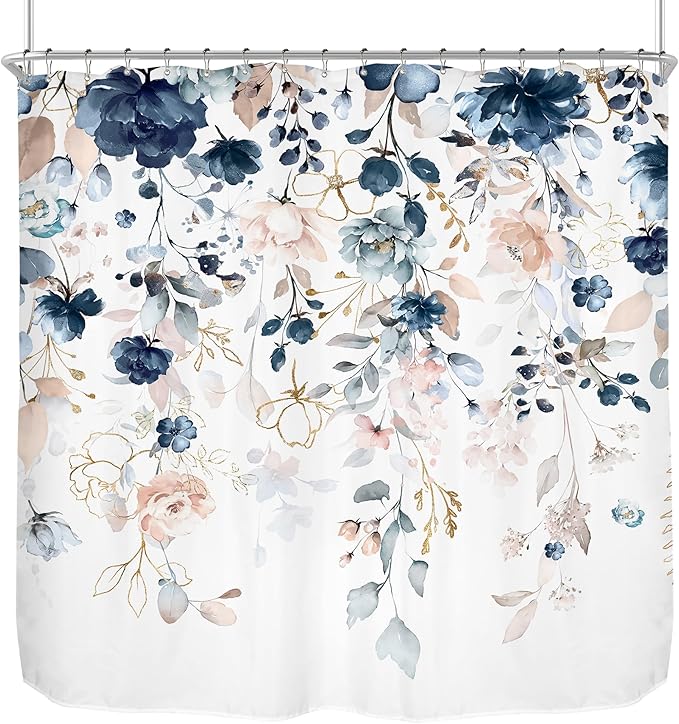 Pink and Blue Floral Shower Curtain 108Wx72H Inch Extra Wide Rustic Flower Eucalyptus Leaf Shabby Chic Plant Botanical Spring Bathroom Set Country Bath Curtain Bathtub Accessories Home Decor