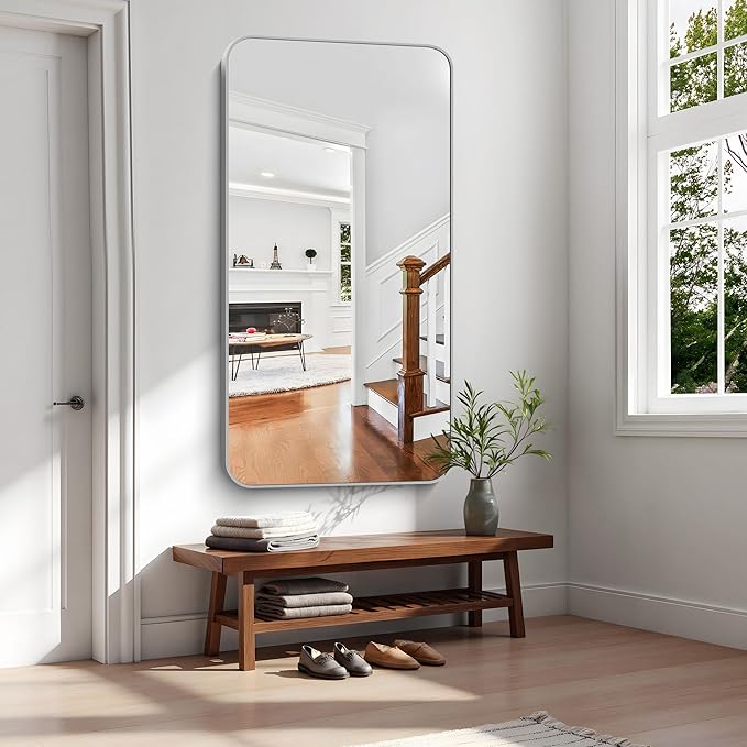 KOCUUY Silver Bathroom Mirror, 30 x 55 inch Metal Frame Mirror with Rounded Corner, Rectangle Design of Upgraded Shatterproof Glass for Bathroom, Bedroom, Living Room, Entryway