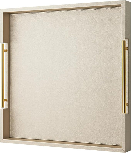 Champagne Faux Leather Serving Tray with Handles,20x20inches, Large Decorative Tray for Ottoman Coffee Table Decor Living Room, Kitchen, Bathroom