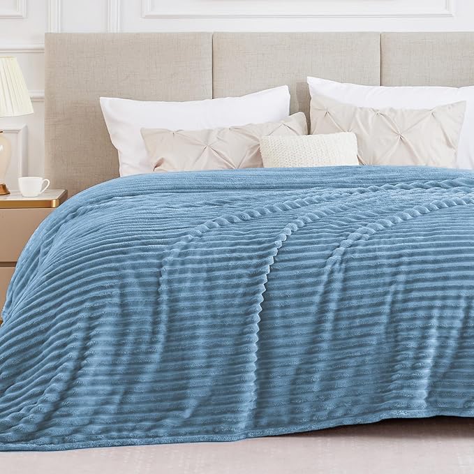 BEDELITE King Size Blanket for Bed, 300GSM Soft & Warm Fleece Blanket, Decorative and Giftable Striped Light Blue Blankets for Women, Men, 108"x90"