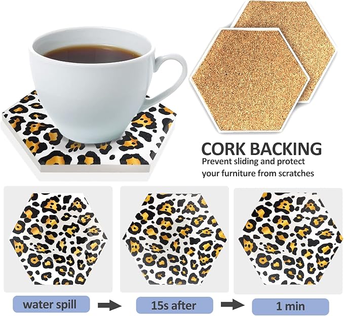 8 Pcs Drink Coasters with Metal Holder Stand, Leopard Print Design Ceramic Coaster Set, Cork Base, for Tabletop Protection, Home Decor, Bar Coasters(Leopard 1)