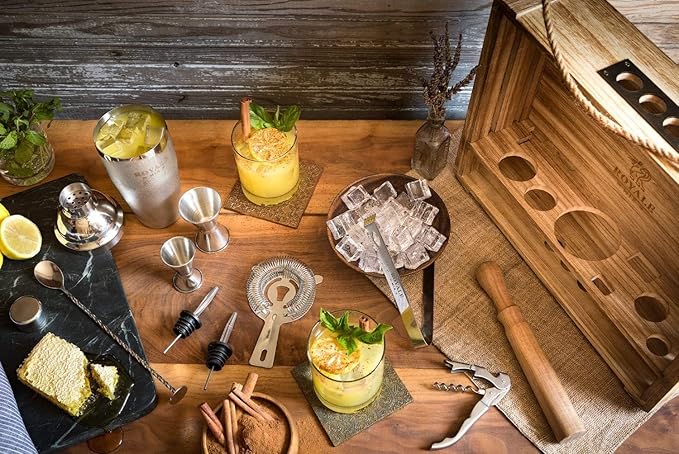 Cocktail Mixology Bartender Kit with Rustic Wood Stand - 11 Piece Bartender Bar Tool Set Cocktail Drink Mixer Shaker Set for Memorable Drink Mixing Bar Kit Experiences - Barware Set Bartending Kit