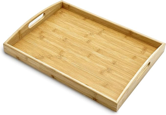 Bam & Boo Natural Bamboo Serving Tray Extra Large Rectangular with Handles for Food, Drinks, Storage, Decor, Vanity, Breakfast, Parties, Weddings, Picnics(17.75” x 13” x 2.35”, Natural)