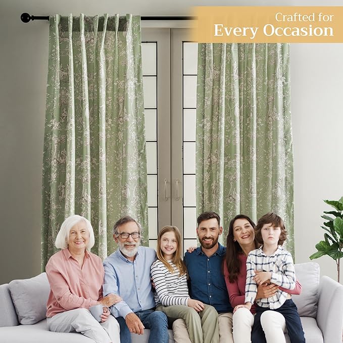 Maison d' Hermine Curtains for Living Room 100% Cotton 124 inch Length Two Panels Light Filtering Toile Curtains for Bedroom Windows with Rod and Loop Pockets Drapes (Joli Jouy Green, 50" W x 124" L)