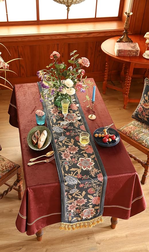 patdrea Designer Vintage Black Floral Velvet Table Runner 87 Inch Long, Pink Khaki Bouquets Pattern Table Mat, Decoration for Kitchen Dining Coffee Table Cabinet Banquet Thanksgiving,12"*87"
