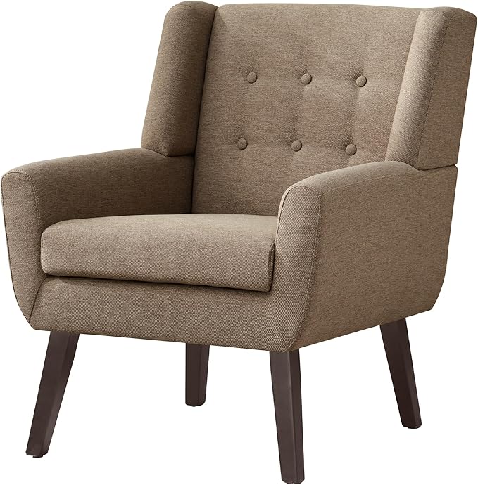 Accent Chairs for Living Room,Linen Button-Tufted Upholstered Armchair with Wooden Legs,Comfy Mid Century Modern Chair for Bedroom Apartment Waiting Room Brown