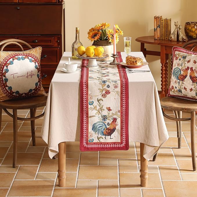 patdrea Designer Farmhouse Linen Table Runner, Rustic Cottage Mauve with Rooster and Floral Pattern Fabric Table Mat, Decoration for Kitchen Dining Coffee Table Banquet Christmas , 12"*87"
