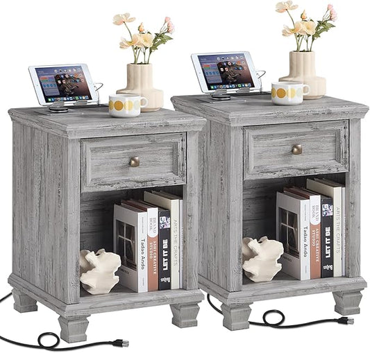 Farmhouse End Tables Living Room Set of 2, Rustic Wood Nightstand with 1 Drawer, Bedside Table with Open Shelf for Bed Room, Side Table for Living Room, Grey