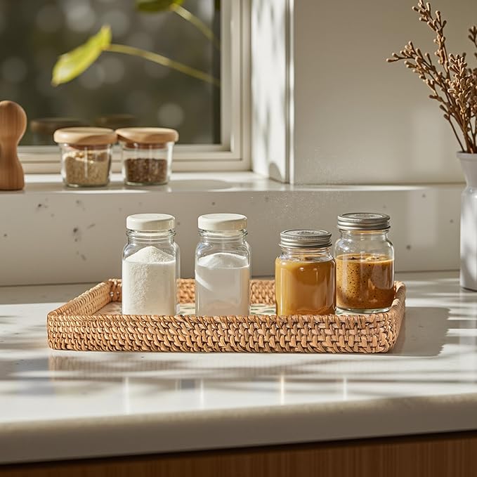 Set of 3 Rectangle Rattan Serving Trays with Mother of Pearl Inlay – Hand-Woven Wicker Trays for Coffee Table, Bathroom, Kitchen Counter or Entryway, Boho Coastal Decor, Checkered Design