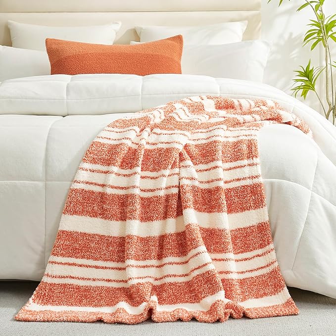 Snuggle Sac Orange Bedding Blanket Ultra Soft Microfiber, Warm Cozy Knit Blankets for Sofa, Bed, Living Room, Stripe Orange, 60x80 inches
