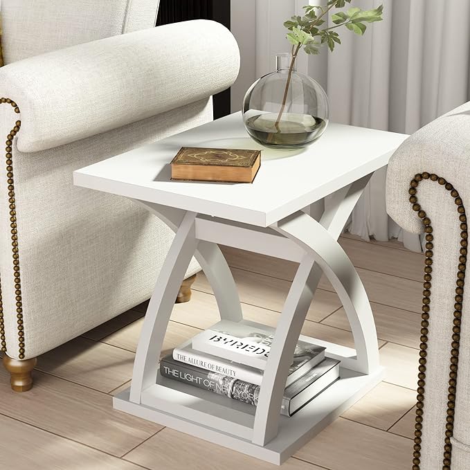 ChooChoo End Side Table, Modern End Table with Storage Shelf, X-Design Side Table Living Room (White)