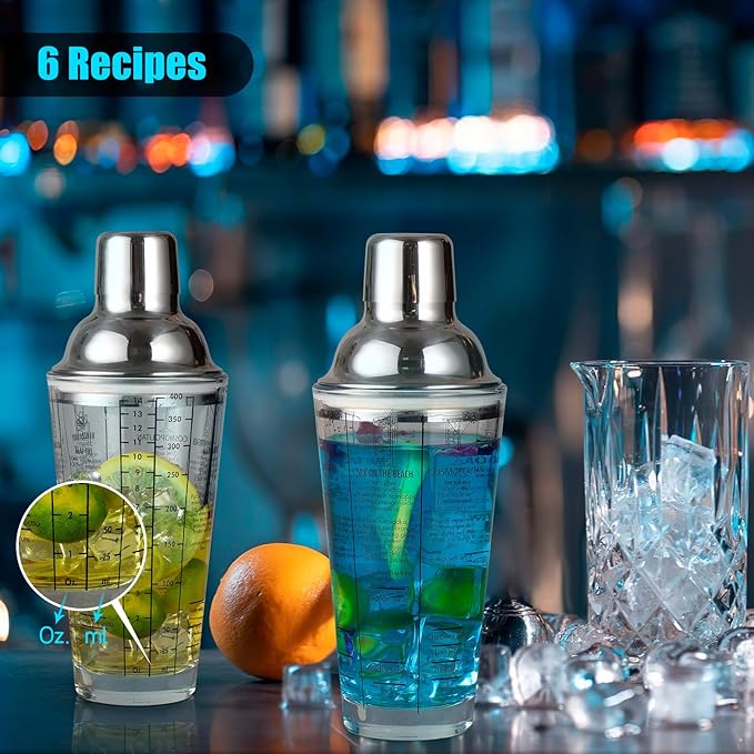 Ailelan Glass Cocktail Shaker with Strainer, 14oz Martini Shaker with 6 Recipes On Side, Clear Drink Shaker Bottle with Measurements, Bar Shakers Set Bartender Kit for Mixing Cocktail, Margarita