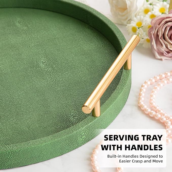 Faux Shagreen Tray, Set of 2 Round Decorative Tray with Gold Polished Metal Handles, Serving Trays Coffee Table Ottoman Trays for Living Room Bathroom Vanity Home Decor (Green)
