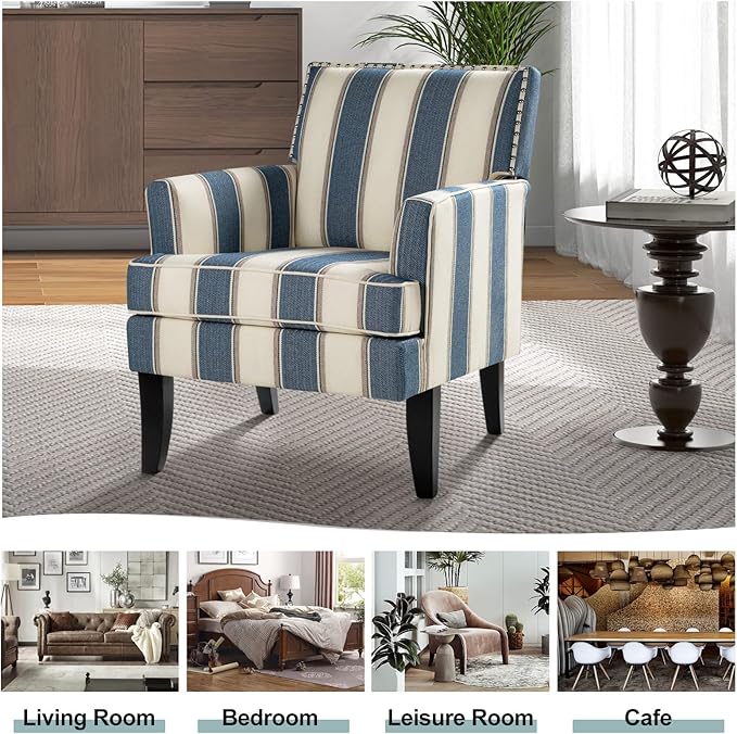 HULALA HOME Modern Accent Chair with Arms and Wooden Legs, Mid Century Accent Chair Armchair High Back Rest, Padded Armrest and Comfortable Cushioned Seat for Living Room (Stripe Blue)