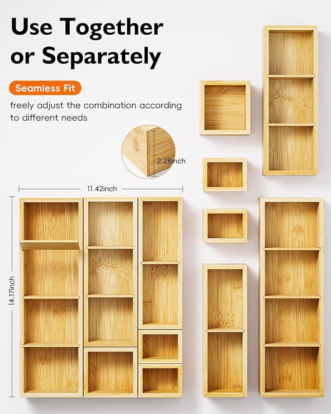 Desk Drawer Organizer Tray Set of 6 – Bamboo Office Storage Boxes with 12 Compartments for Office Supplies, Cosmetics, Jewelry and More