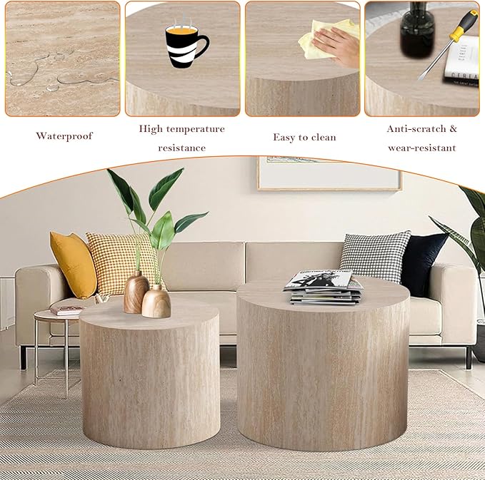 Stylish Nesting Coffee Table Set of 2, Elegant Chic Round Wooden Center Table - Smooth Finish & Easy to Clean, No Assemble Needed (E)