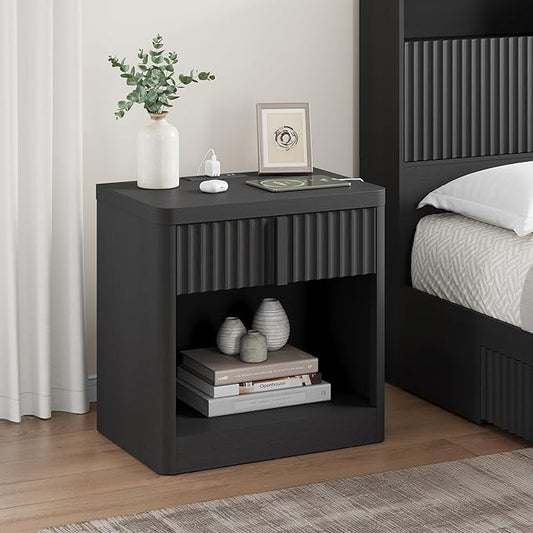 Fluted Nightstand with Charging Station, 23.6" End Table with Solid Wood Handle, Curved Profile Design, Mid Century Moden Bedside Table for Bedroom, Living Room, Black