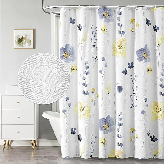 QIYI Watercolor Floral Shower Curtain, 3D Embossed Butterflies Blue Yellow Flower Bathroom Curtain, Minimalist White Cloth Bath Curtain, Waterproof Fabric Textured Shower Curtain Set with Hooks, 72x72
