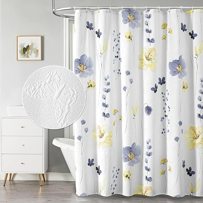 QiyI Extra Long Shower Curtain 72 x 84, Modern Watercolor Floral Shower Curtain, 3D Embossed Blue Yellow Flower Cloth Bathroom Curtain, Waterproof Fabric Farmhouse Bath Curtain Set with Hooks