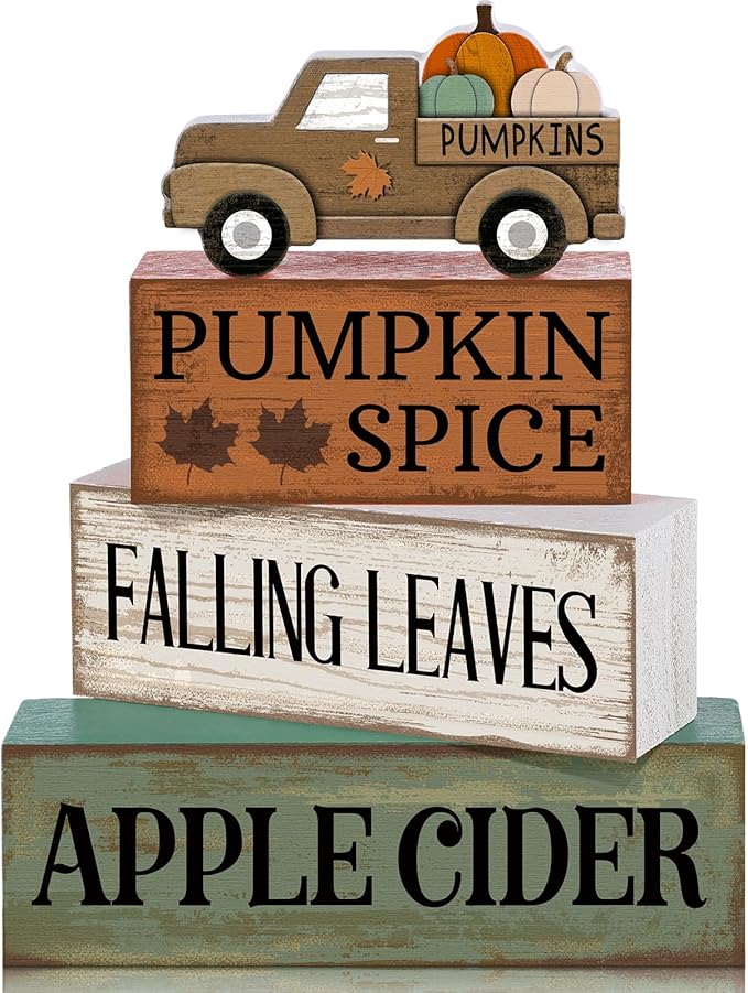 4 Pcs Fall Decorations for Home Fall Table Centerpiece Decor Autumn Tiered Tray Decor Rustic Decorative Truck Block Signs Gift Farmhouse Thanksgiving Table Decoration for Home Kitchen
