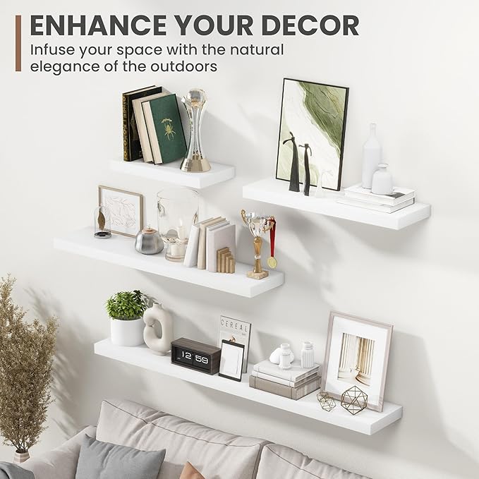 48 Inch Floating Shelves, 8 Inch Deep Floating Shelves for Wall, Hanging Shelf with Invisible Brackets, Deep Shelves for Bathroom, Bedroom, Living Room, White, Set of 1