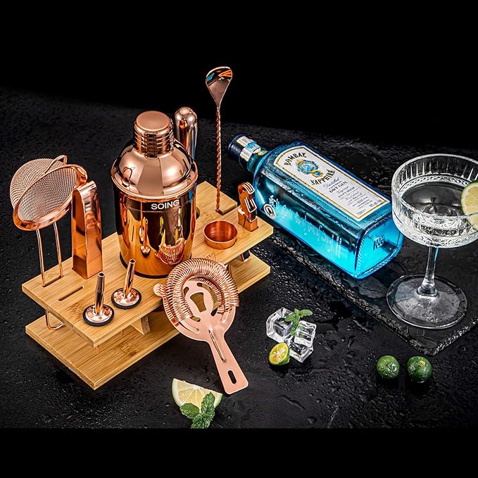 Soing 11-Piece Rose Copper Bartender Kit,Perfect Home Cocktail Shaker Set for Drink Mixing,Stainless Steel Bar Tools with Stand,Velvet Carry Bag & Cocktail Recipes Cards (Rose Copper)