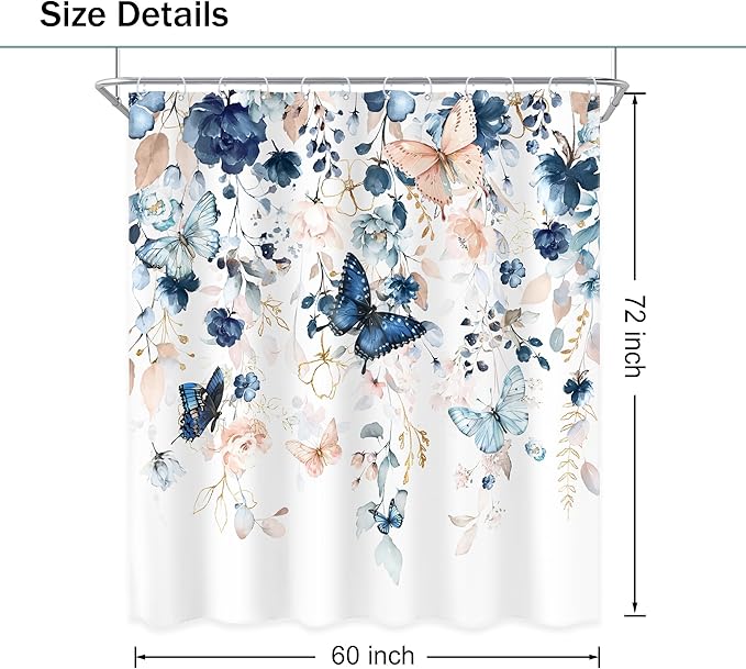 Blue Pink Floral Butterfly Shower Curtain 60Wx72L Inch Spring Summer Plant Natural Botanic Gold Green Leaves Bathroom Set Elegant Country Woman Girl Bath Curtain Bathtub Accessories Home Decor